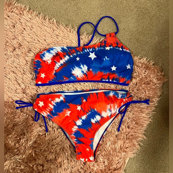 4th of July VS Pink Flag Tank & Tie Dye red white blue stars bikini SZ M - Picture 4 of 8